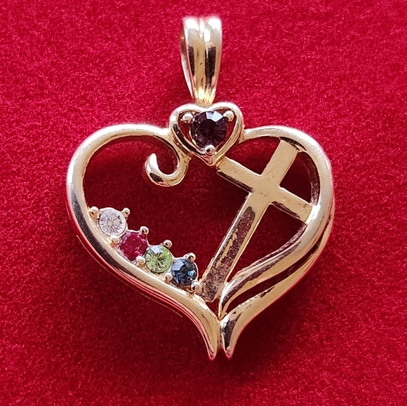 925 STERLING SILVER GOLD VERMEIL, GEMSTONE OC HEART, CROSS PENDANT 23MM, 1.5 GR - Picture 2 of 7